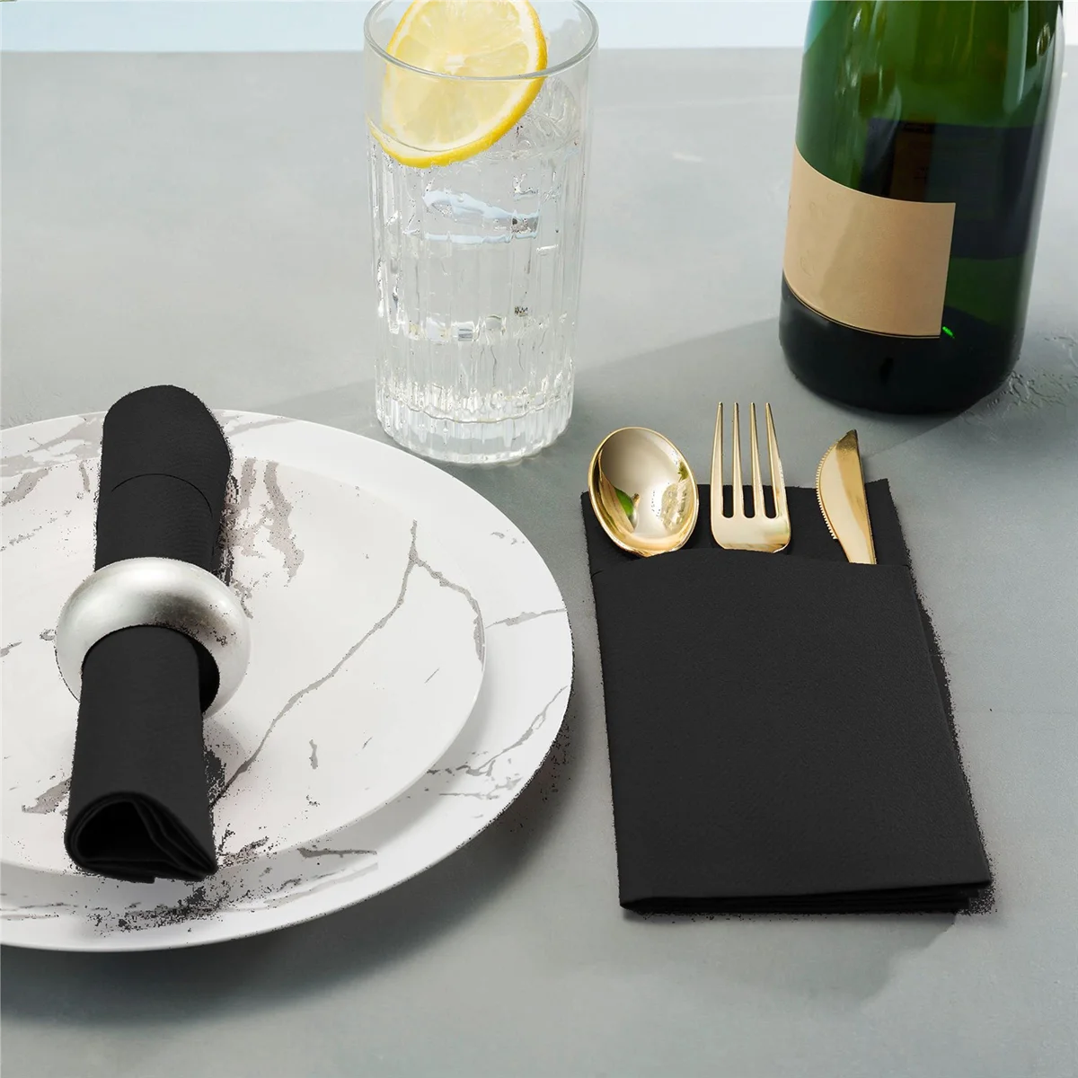 50PCS Disposable Dinner Napkins with Built-in Flatware Pocket,Prefolded Cloth Like Paper Napkins for Wedding Party Black
