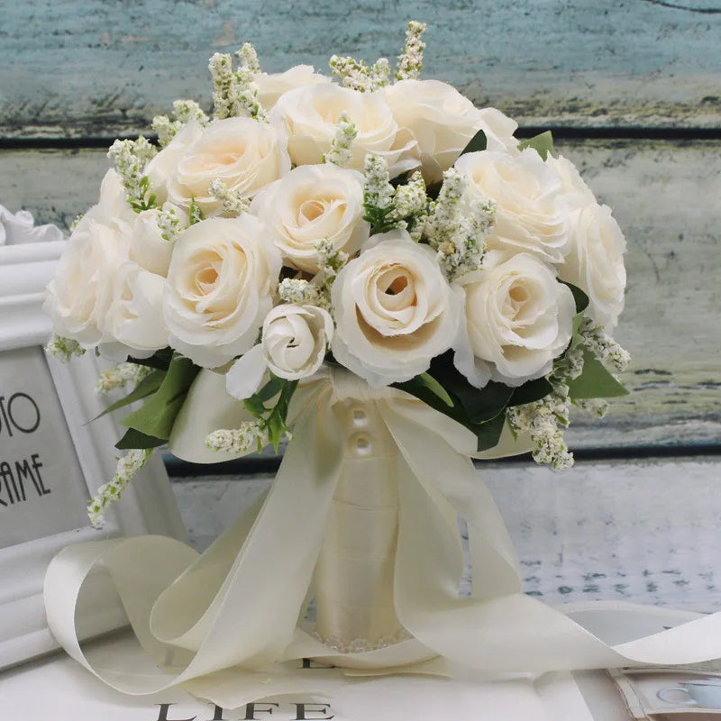 Bridal Bridesmaid Wedding Bouquet White Silk Flowers Roses Handmade A