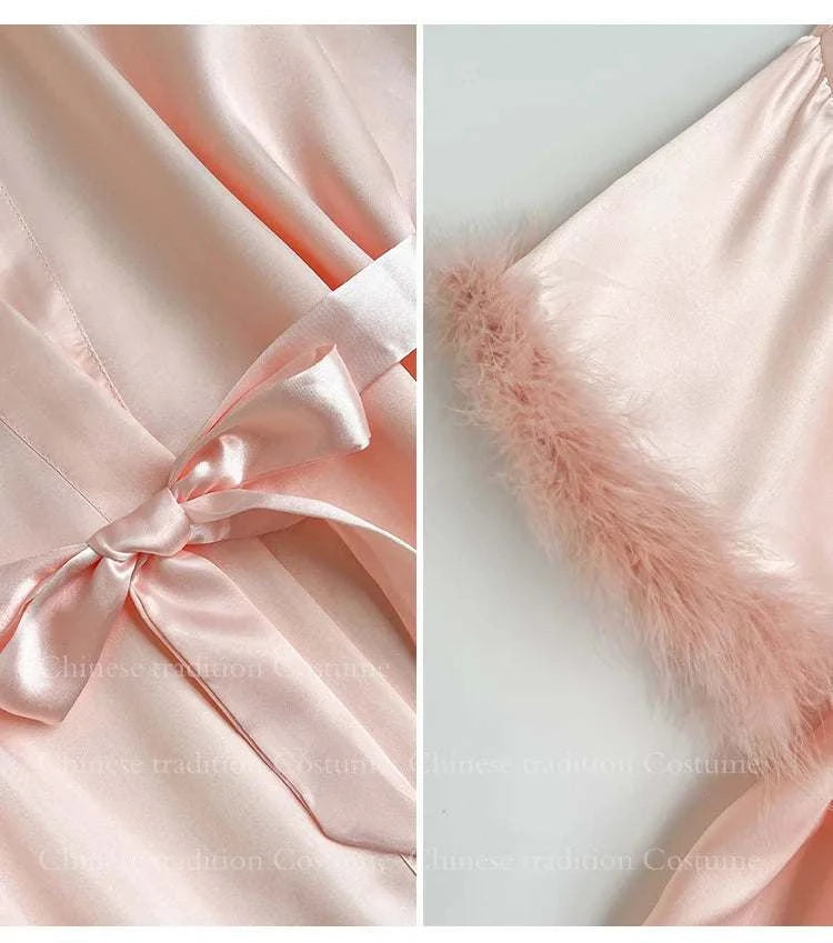 White Bride Wedding Robe with Feathers Women Satin Peignoir Sexy Bride