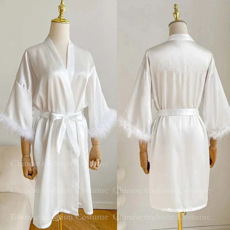 White Bride Wedding Robe with Feathers Women Satin Peignoir Sexy Bride