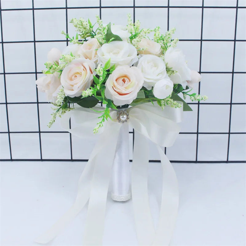 Bridal Bridesmaid Wedding Bouquet White Silk Flowers Roses Handmade A