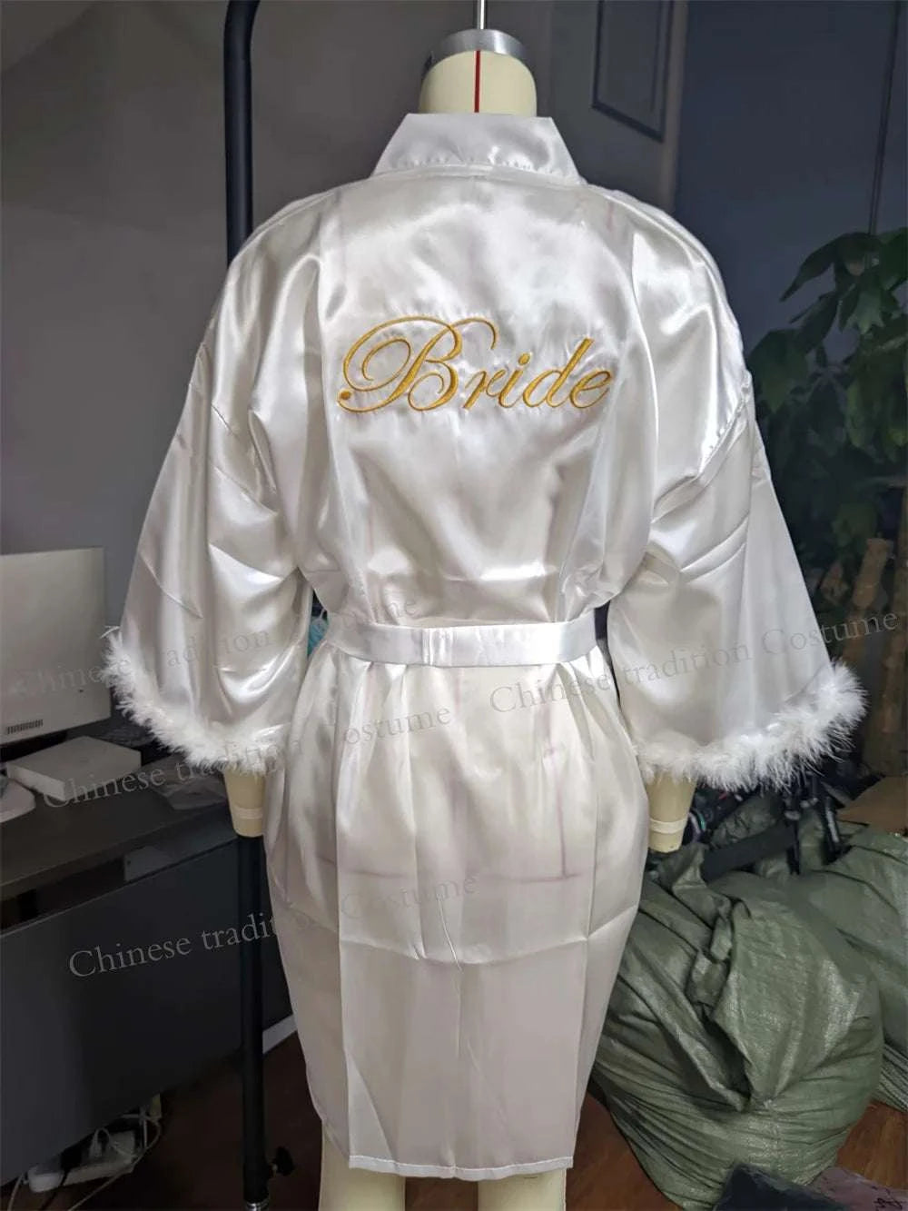 White Bride Wedding Robe with Feathers Women Satin Peignoir Sexy Bride