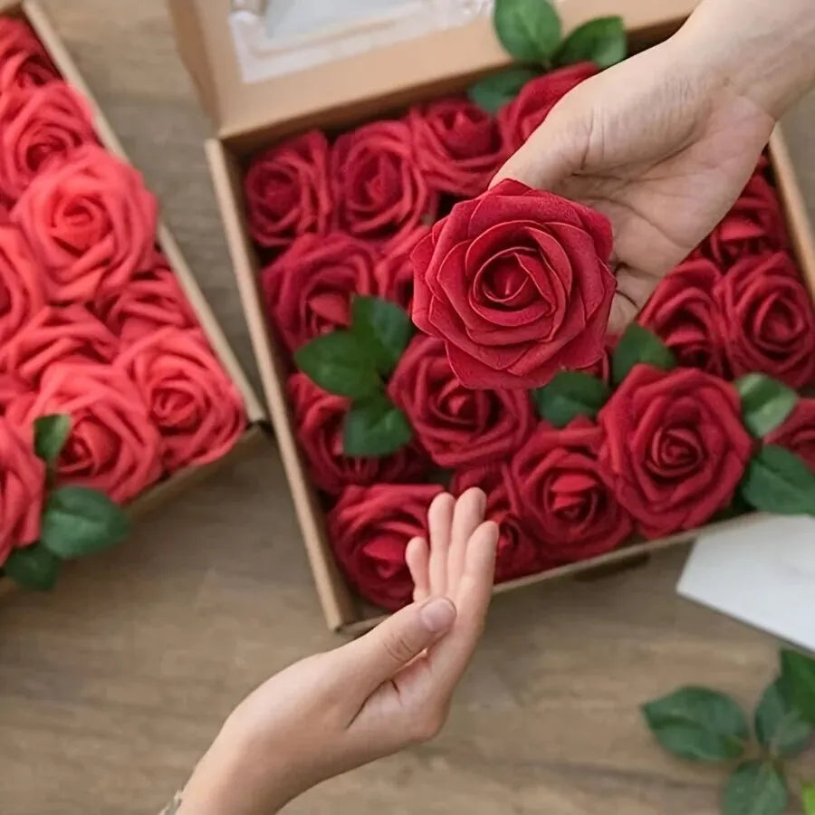 25pcs Artificial Flowers, Fake Flowers Roses W/stem For DIY Wedding Bo