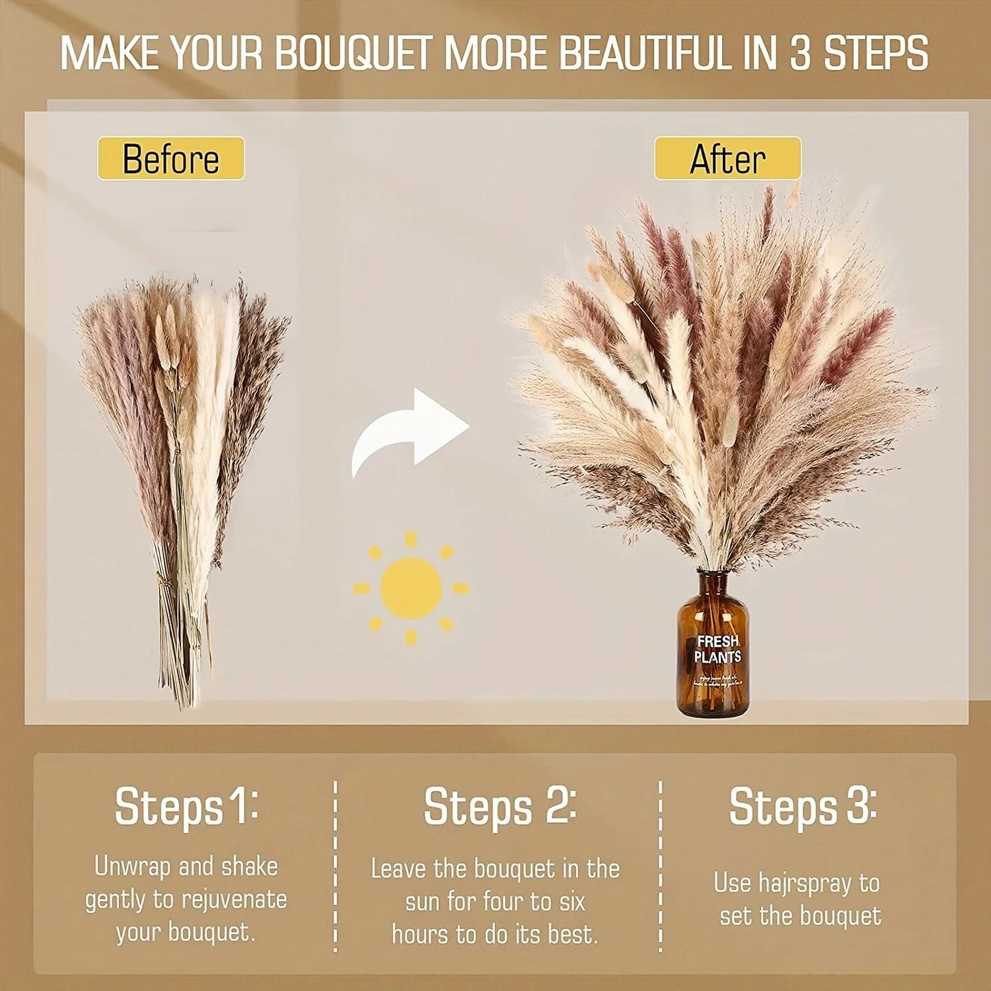 105pcs Natural Dried Flowers Pampas Floral Bouquet Boho Country Home D