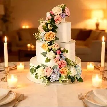 silk floral cake topper on candlelit table