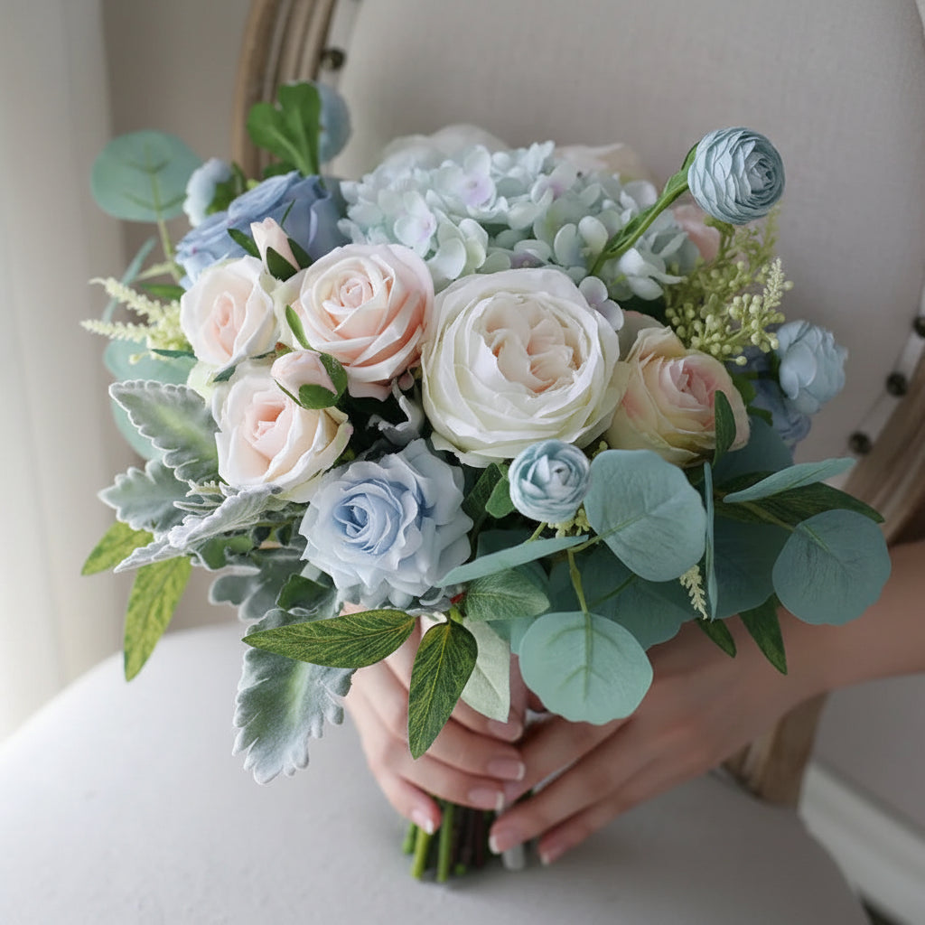 Dusty Blue & Blush Garden Rose Bridal Bouquet