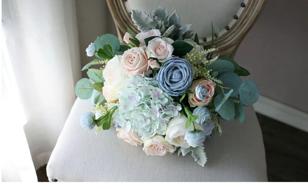 Dusty Blue & Blush Garden Rose Bridal Bouquet