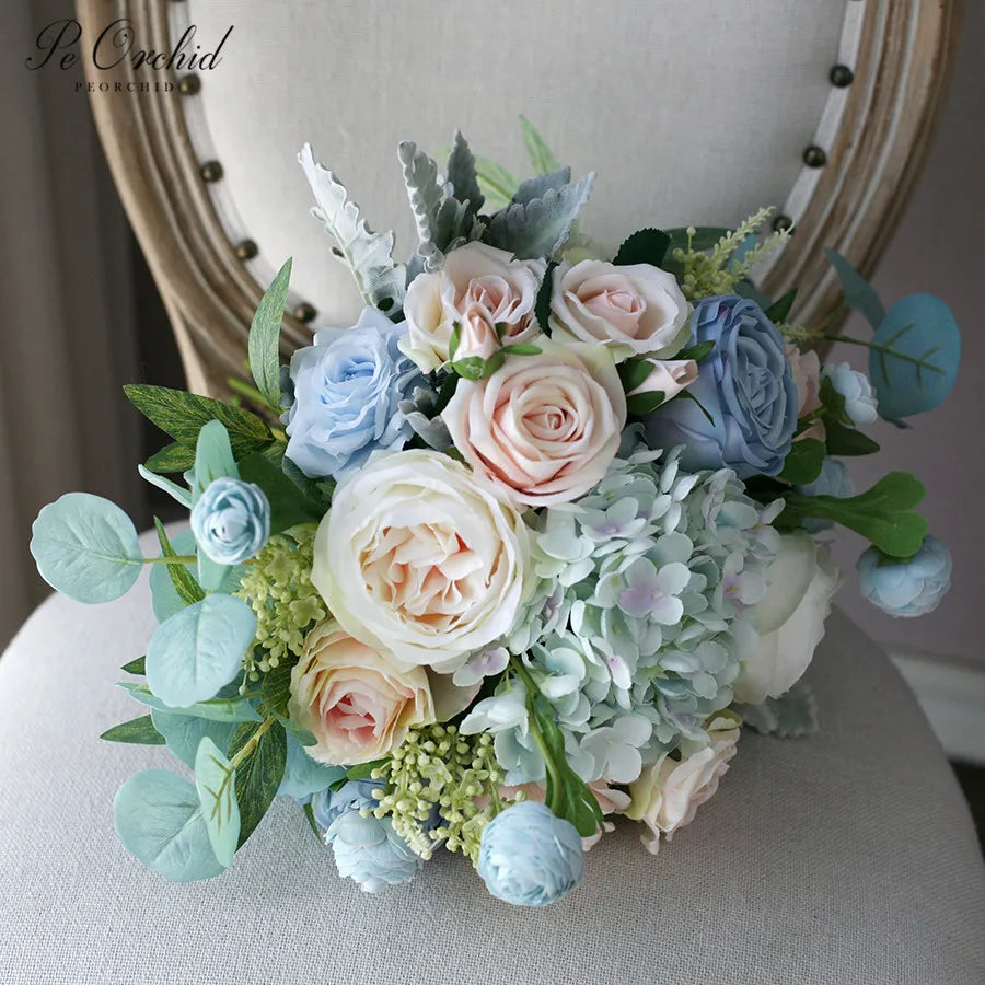 Dusty Blue & Blush Garden Rose Bridal Bouquet