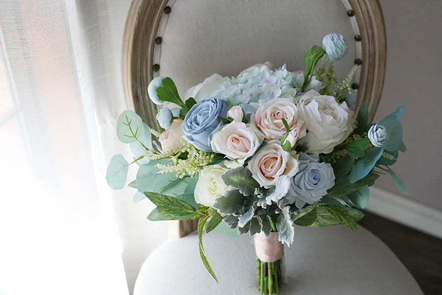 Dusty Blue & Blush Garden Rose Bridal Bouquet