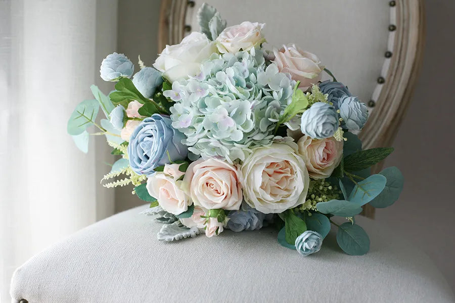 Dusty Blue & Blush Garden Rose Bridal Bouquet