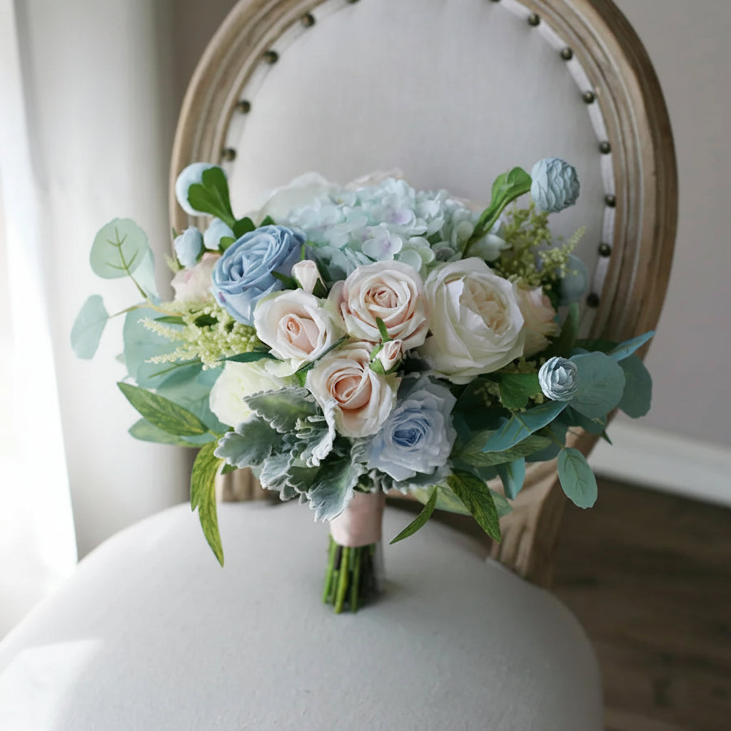 Dusty Blue & Blush Garden Rose Bridal Bouquet