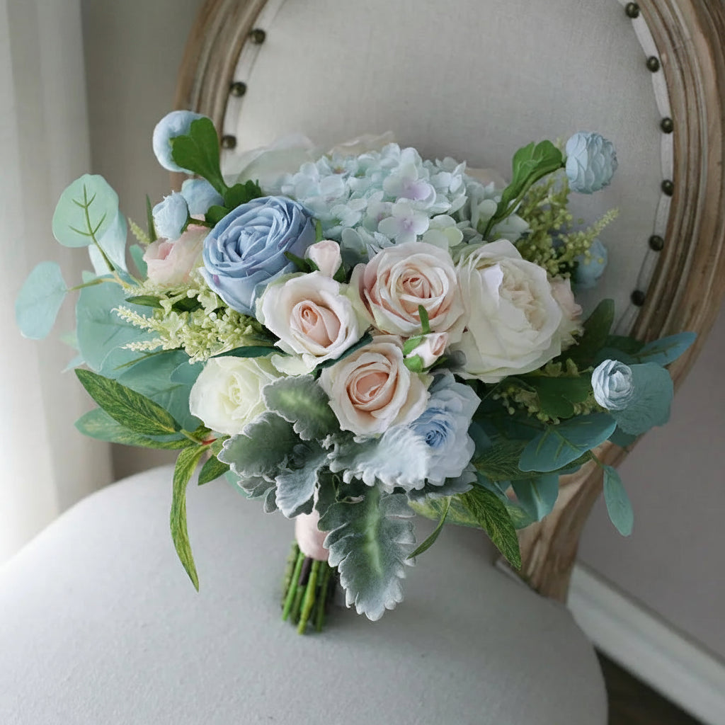 Dusty Blue & Blush Garden Rose Bridal Bouquet