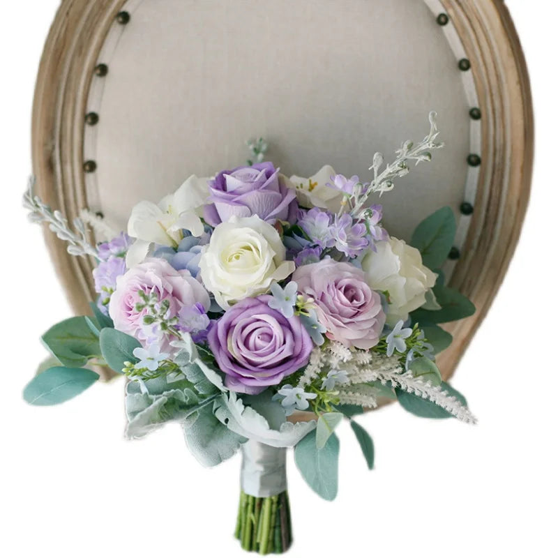 Lavender & Ivory Bridal Bouquet — Real Touch Roses with Dusty Blue Accents