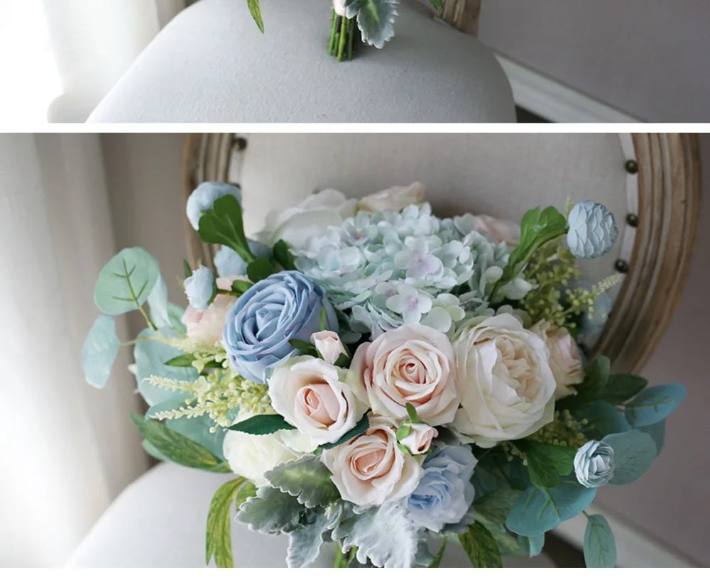 Dusty Blue & Blush Garden Rose Bridal Bouquet