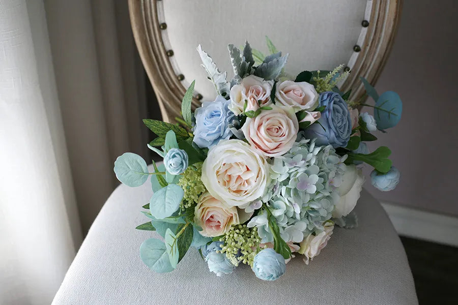 Dusty Blue & Blush Garden Rose Bridal Bouquet