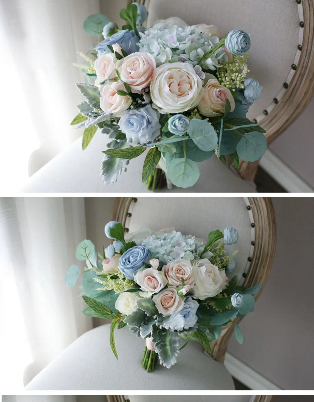 Dusty Blue & Blush Garden Rose Bridal Bouquet