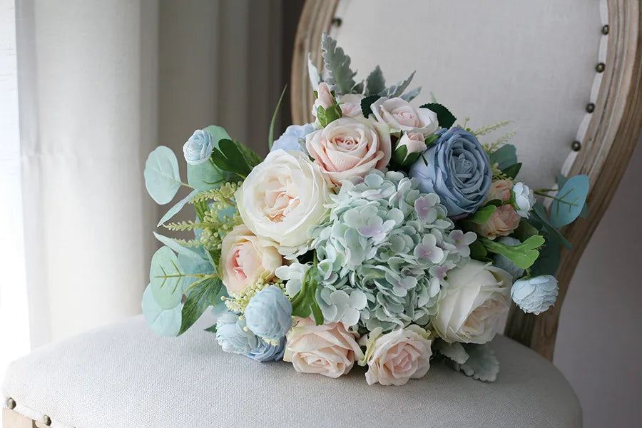 Dusty Blue & Blush Garden Rose Bridal Bouquet