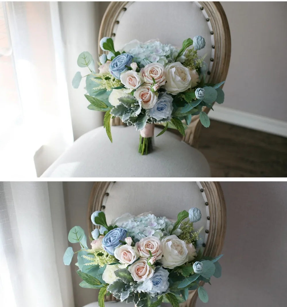 Dusty Blue & Blush Garden Rose Bridal Bouquet