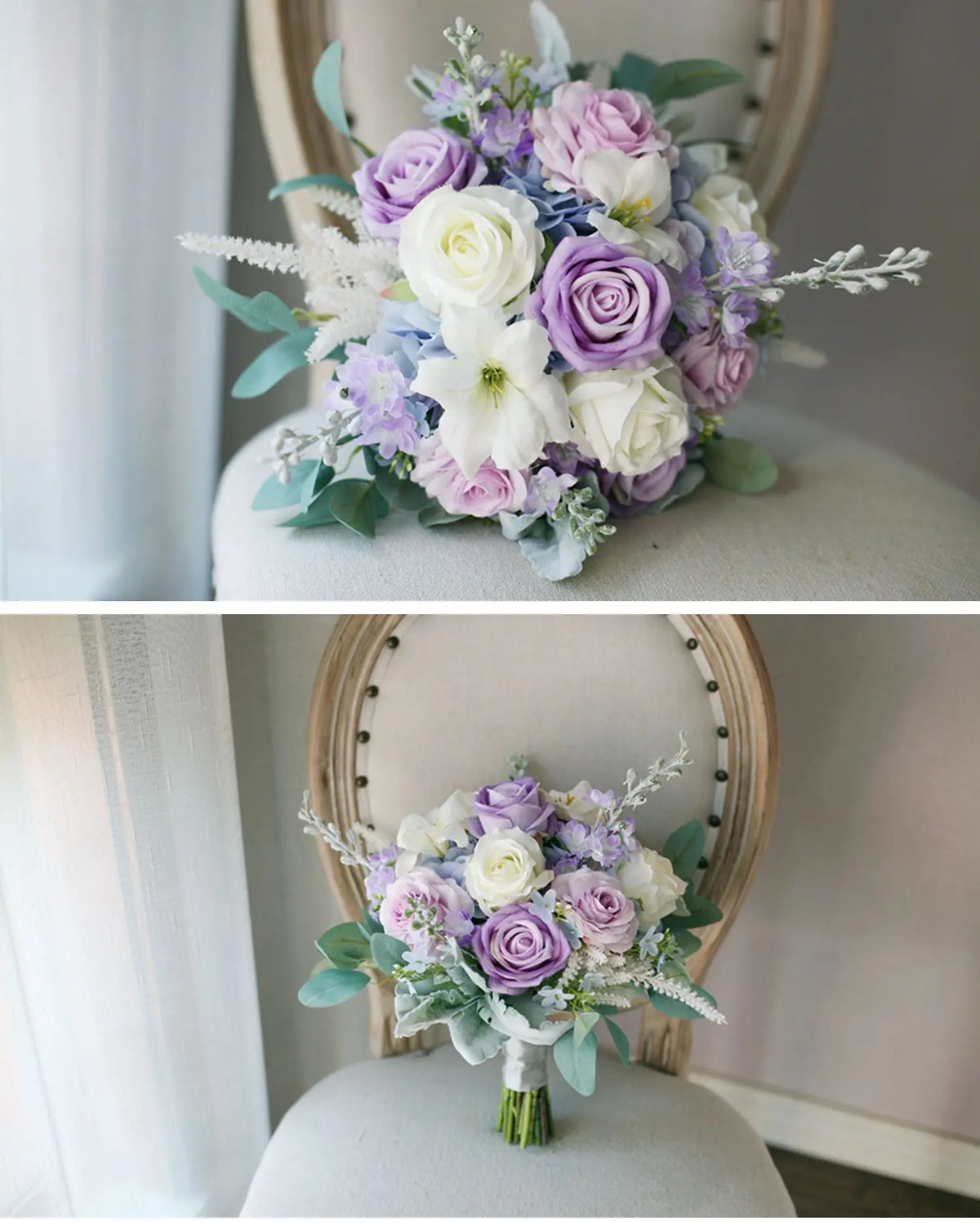 Lavender & Ivory Bridal Bouquet — Real Touch Roses with Dusty Blue Accents