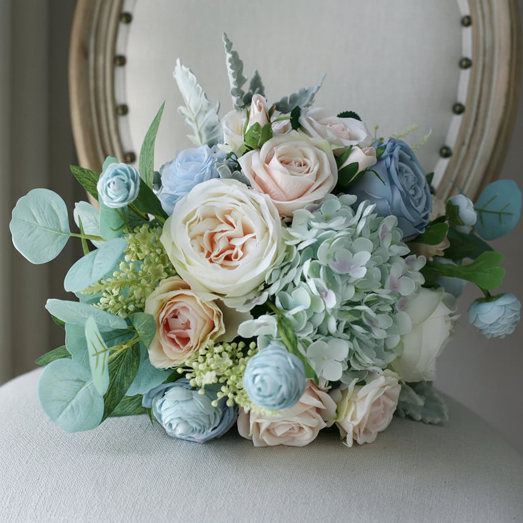 Dusty Blue & Blush Garden Rose Bridal Bouquet
