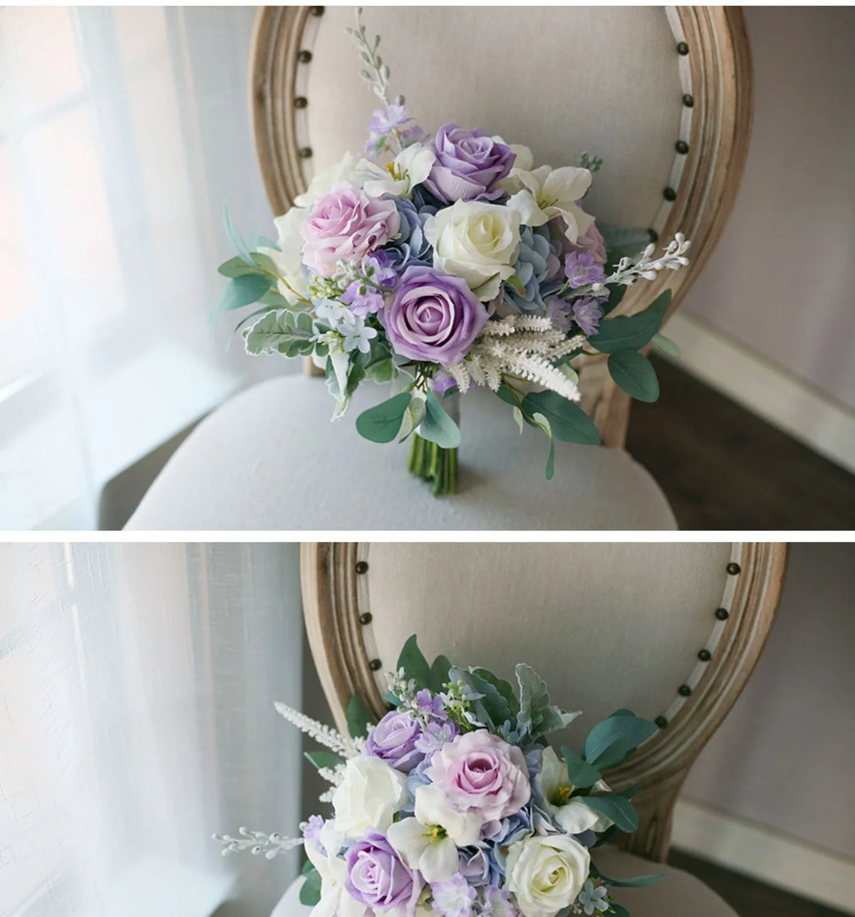 Lavender & Ivory Bridal Bouquet — Real Touch Roses with Dusty Blue Accents