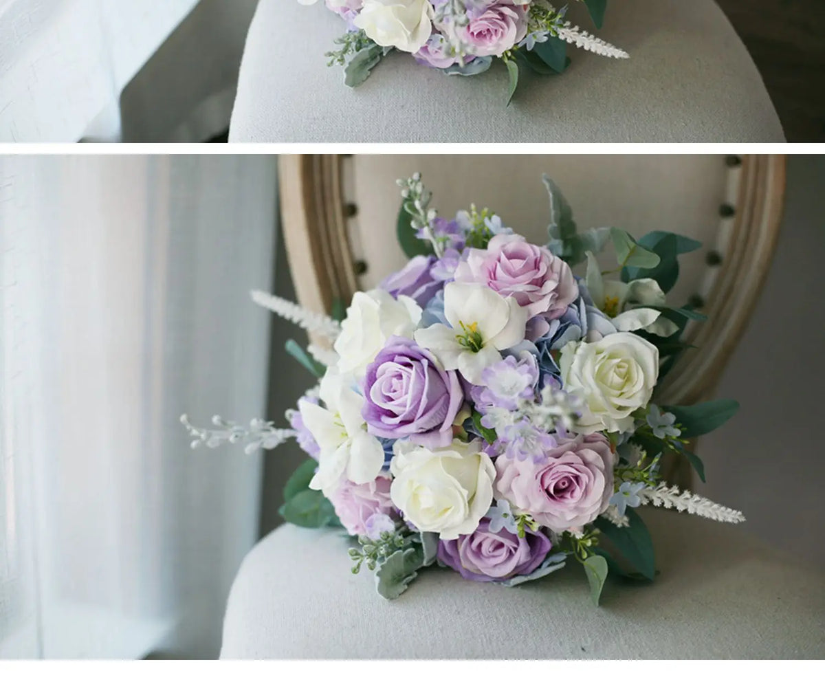 Lavender & Ivory Bridal Bouquet — Real Touch Roses with Dusty Blue Accents
