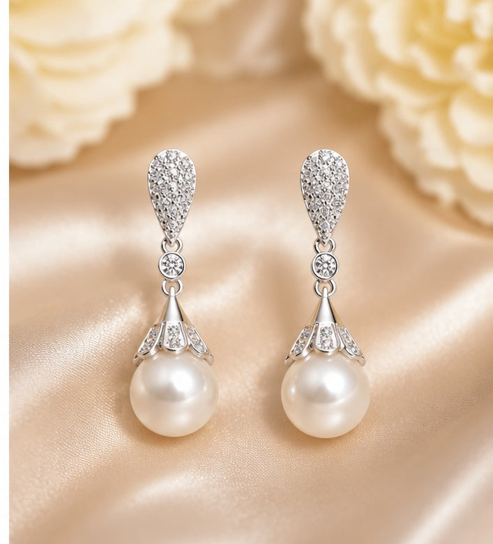 Crystal Teardrop Pearl Drop Earrings – 925 Sterling Silver
