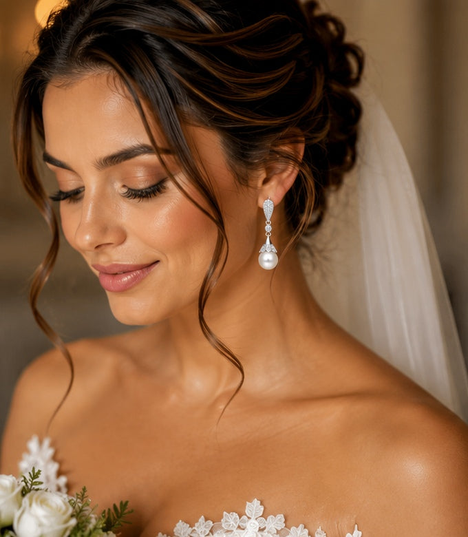 Crystal Teardrop Pearl Drop Earrings – 925 Sterling Silver