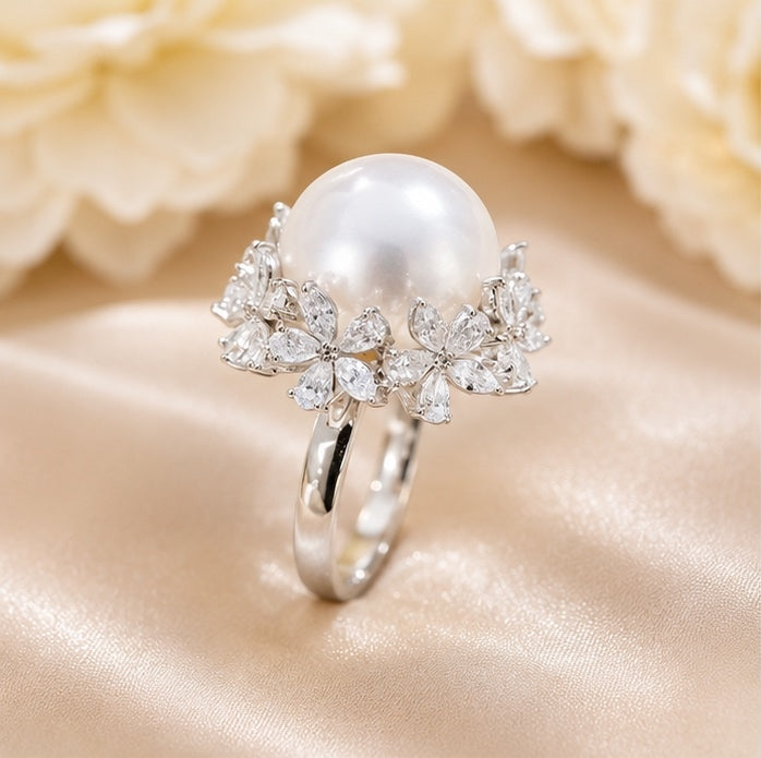 Crystal Floral Pearl Statement Ring