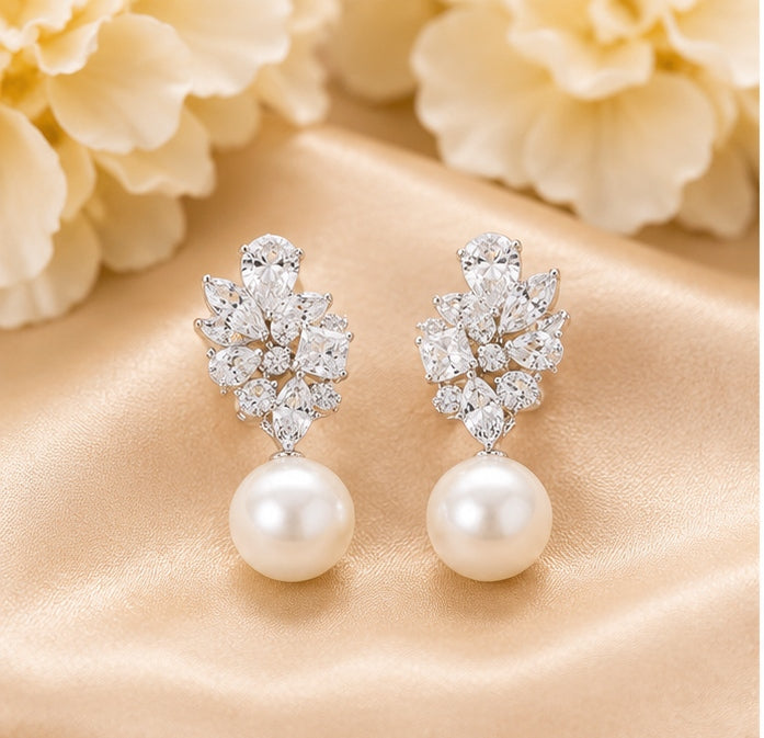 Crystal Leaf Pearl Drop Earrings