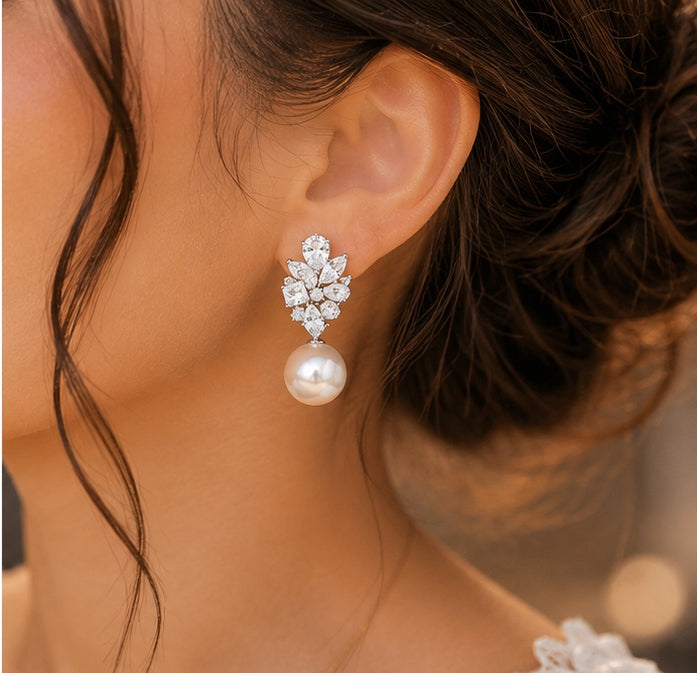 Crystal Leaf Pearl Drop Earrings