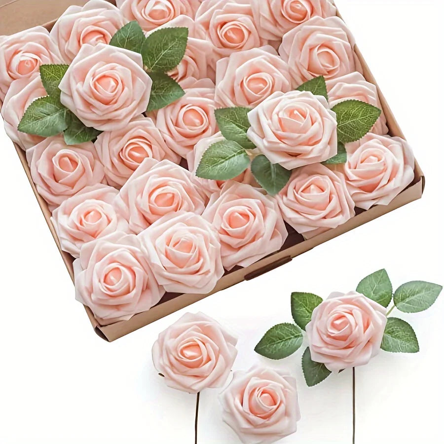 25PCS Artificial Foam Roses with Stems | DIY Wedding Bouquet & Centerpiece Flowers