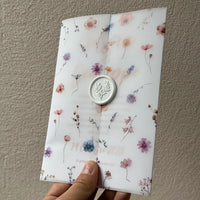 little flower and leaf  Vellum  Wrap suitable for a 5 x 7 Wedding Invi