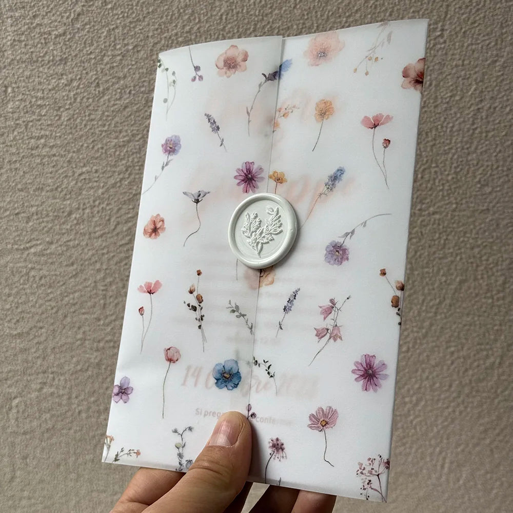 little flower and leaf  Vellum  Wrap suitable for a 5 x 7 Wedding Invi