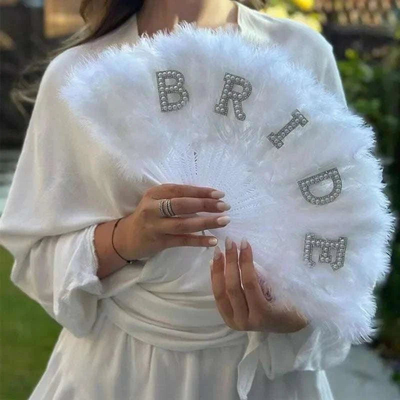 Elegant Bride Pearl Feather Fan Dazzling Hand held Bridal Accessory We