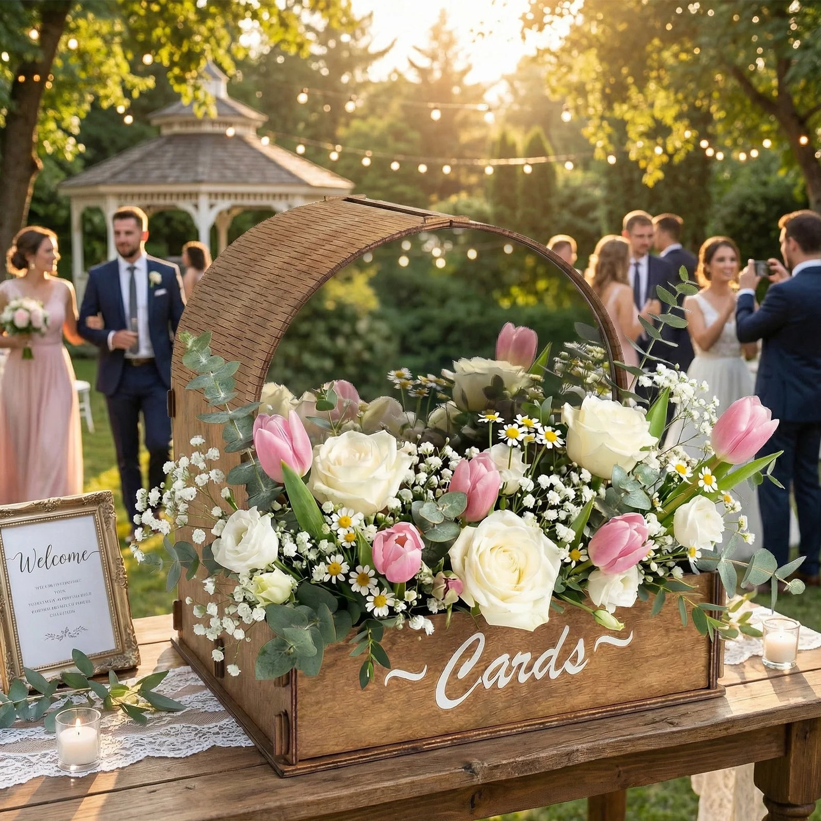 Wooden Wedding Card Box with Floral Arrangement