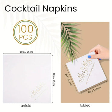 100PCS Disposable Wedding Napkins, Gold Foil Paper Cocktail Napkins  Mr. and Mrs., Suitable Use At Wedding Banquets and Parties