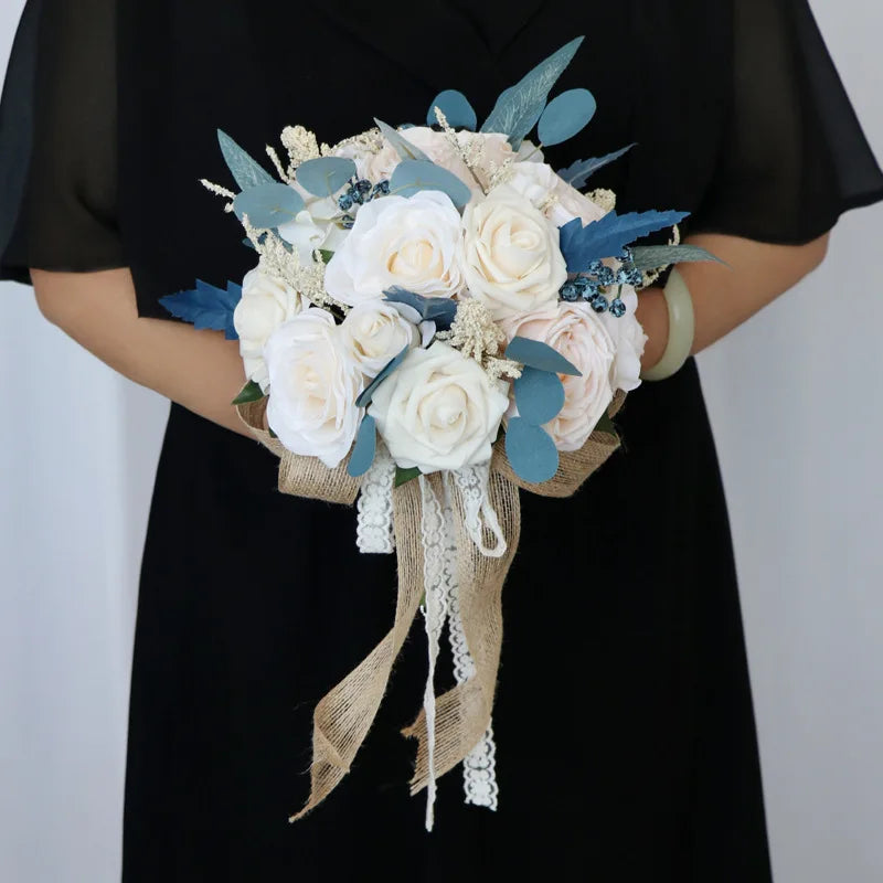Blue Silk Rose Bridal Wedding Bouquet