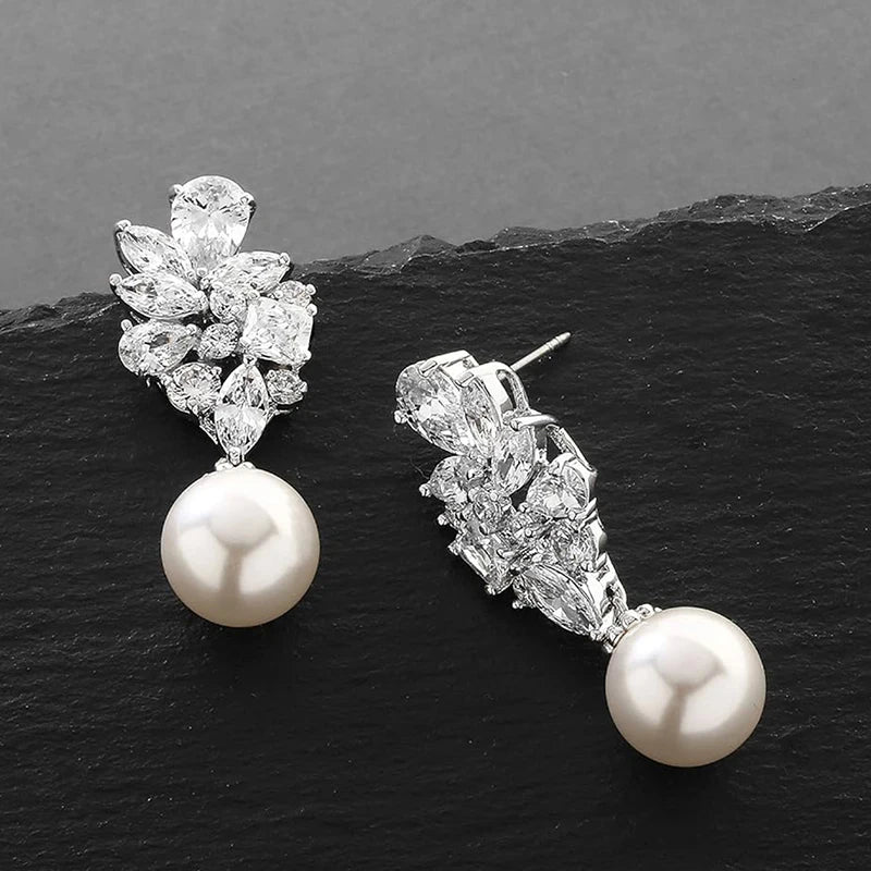 Crystal Leaf Pearl Drop Earrings