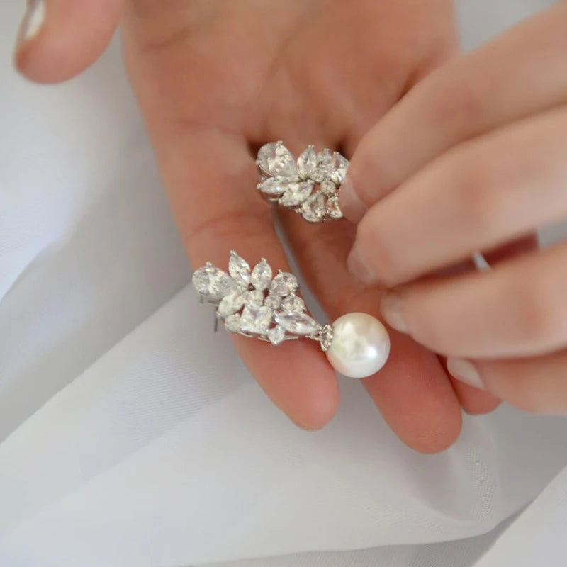 Crystal Leaf Pearl Drop Earrings