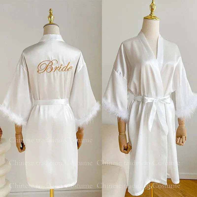 White Bride Wedding Robe with Feathers Women Satin Peignoir Sexy Bride