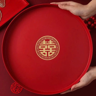 Wedding Banquet Chinese Traditional Plate Durable Snack Fruit Toast Red Tray Festive Supplies Plastic Xi Tray Decorative