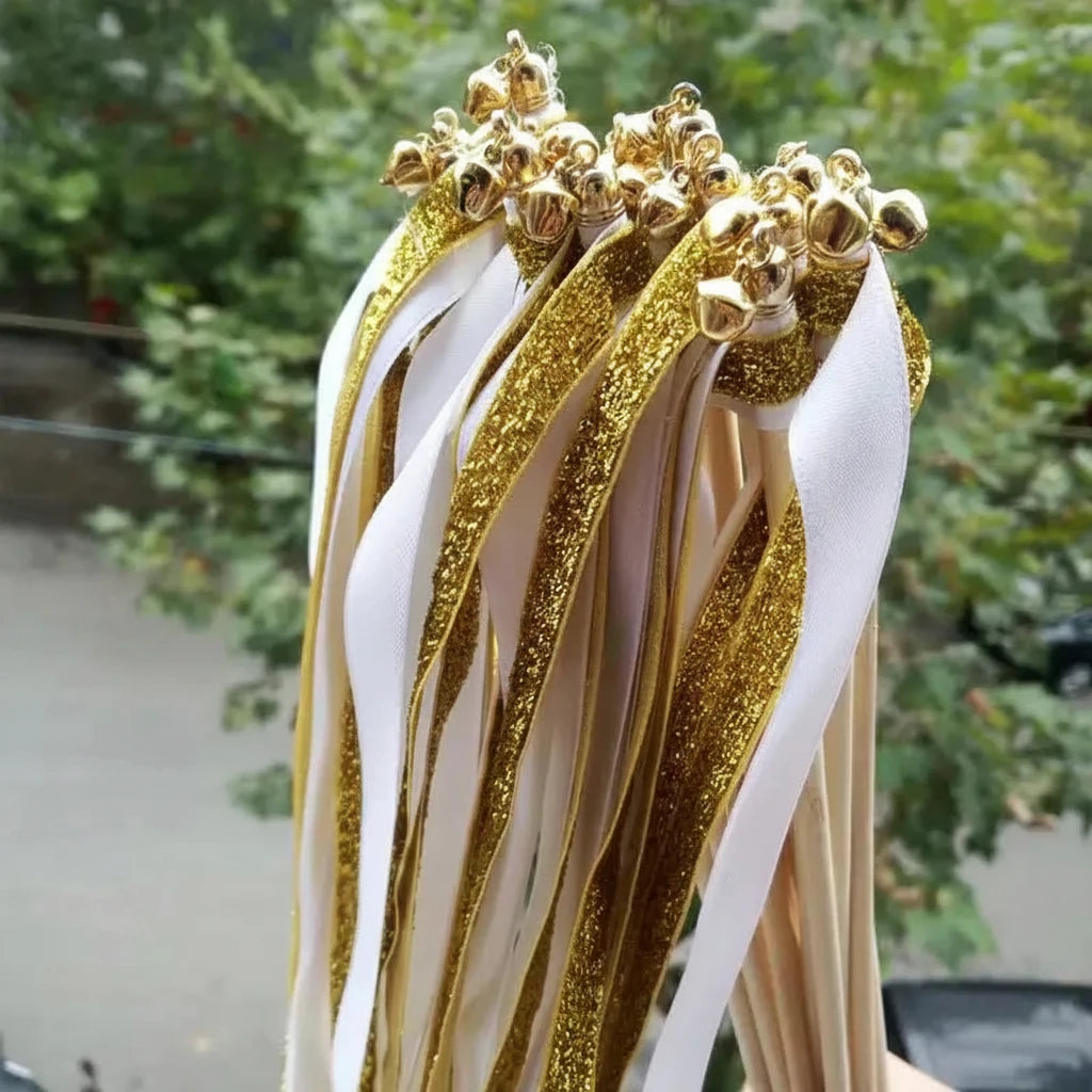 Gold White Wedding Ribbon Wands