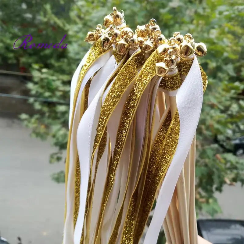 Gold White Wedding Ribbon Wands