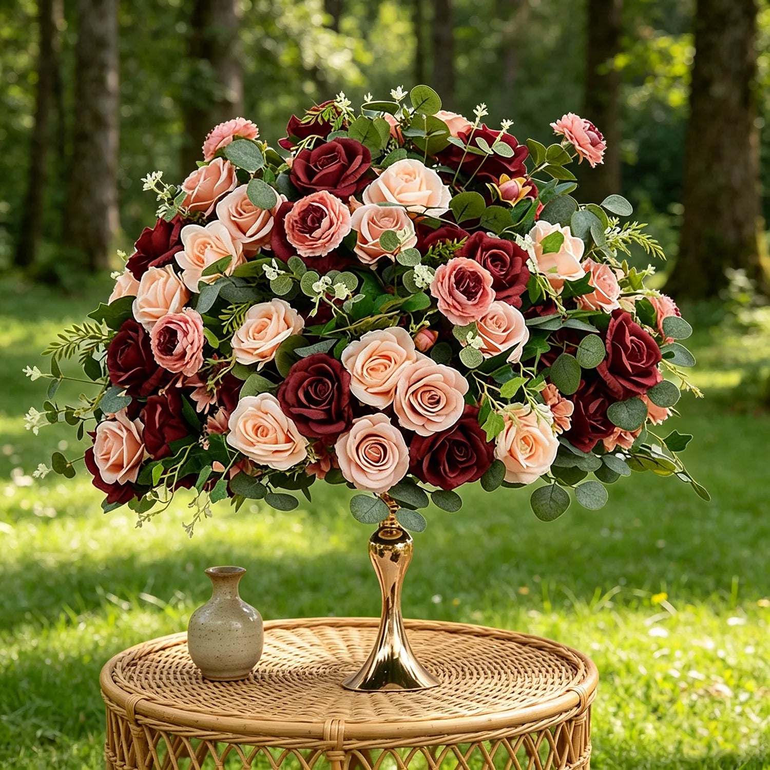 Burgundy and Blush Floral Wedding Table Runner and Flower Ball