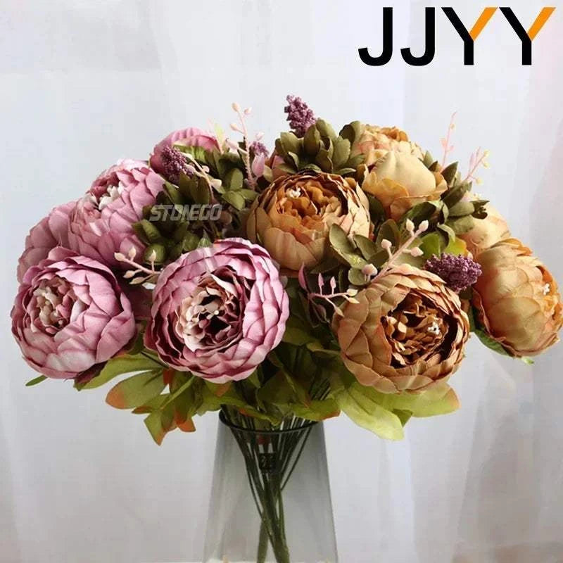 Artificial Flower Bouquet 13 Heads European Peony Silk Flowers Plastic