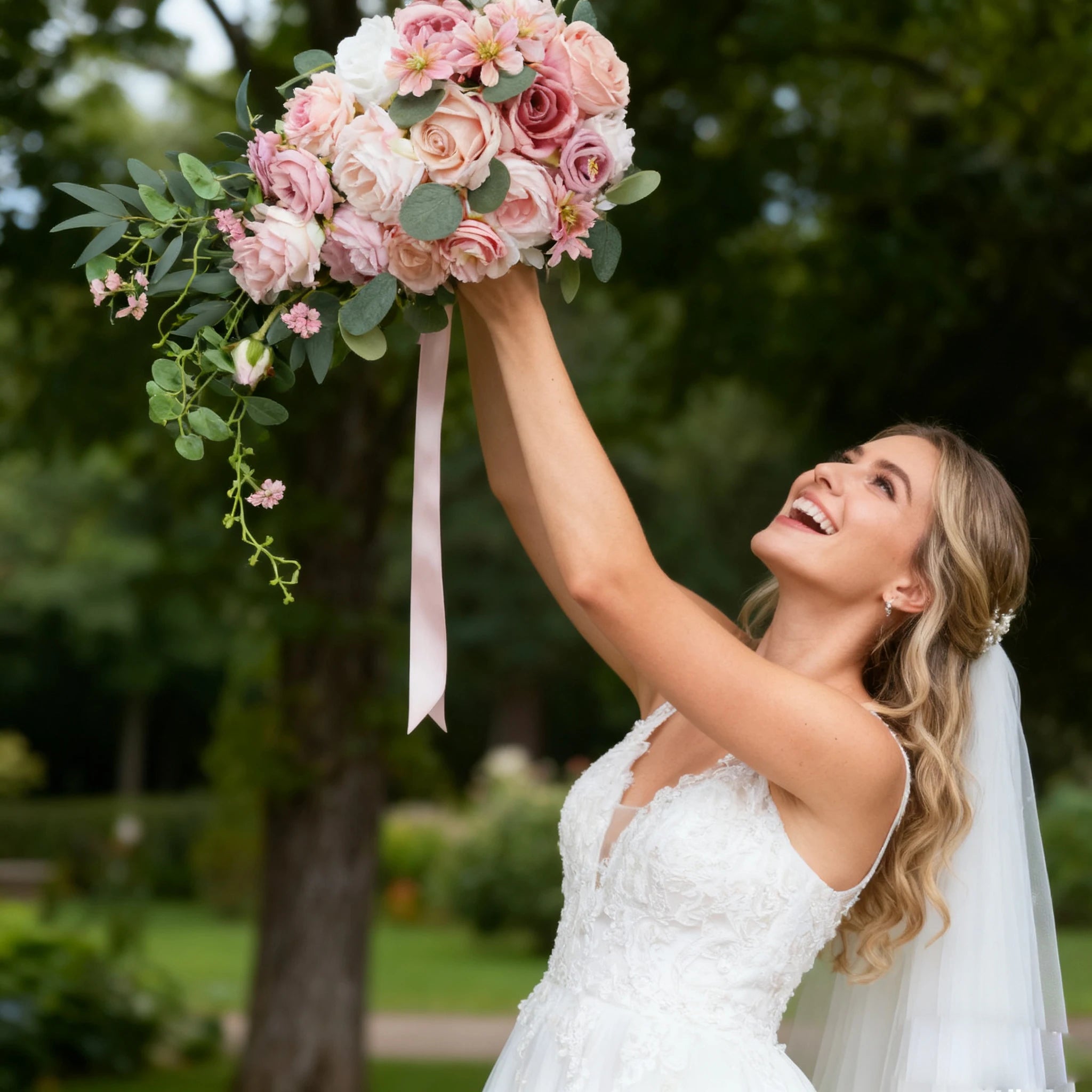 Pink Roses and Cherry Blossoms Bridal Bouquet