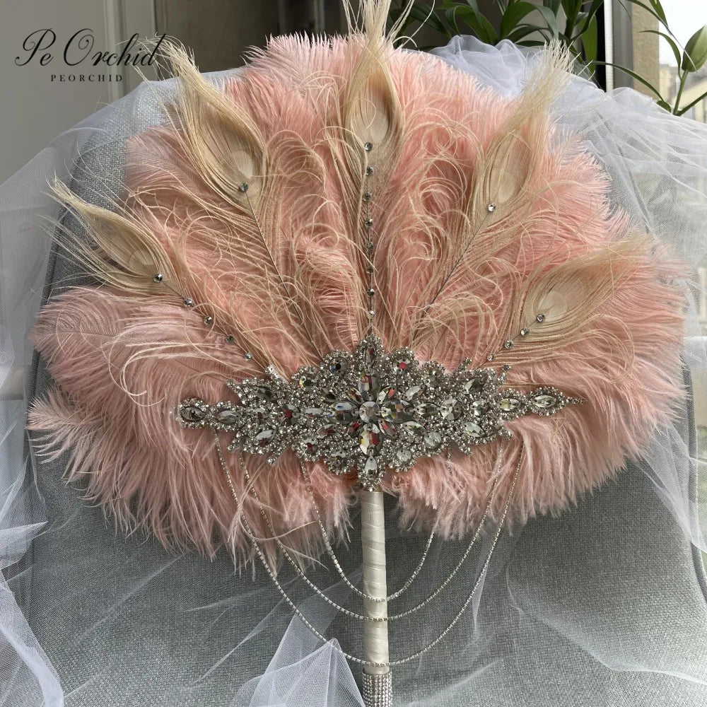 Pink Crystal Feather Bridal Fan