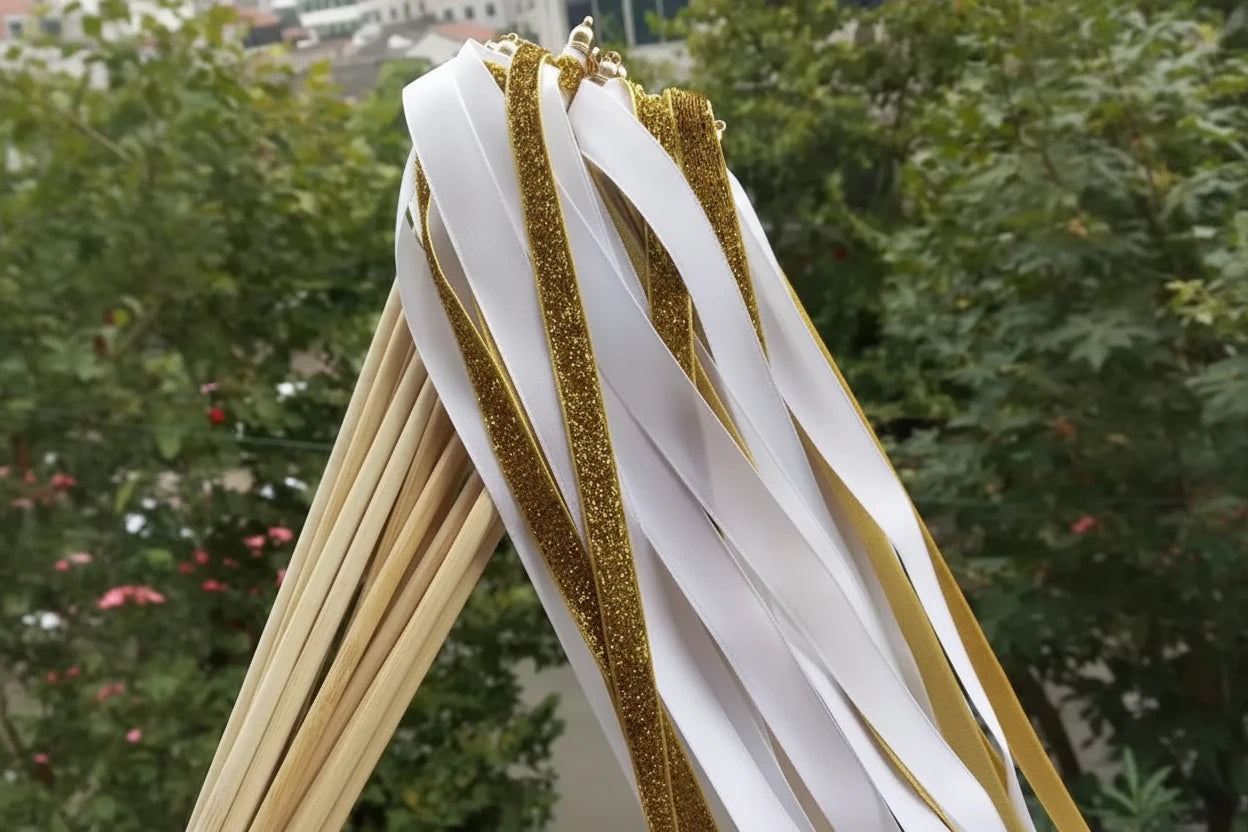 Gold White Wedding Ribbon Wands