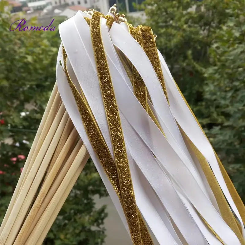 Gold White Wedding Ribbon Wands